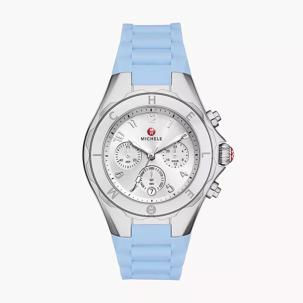 New MICHELE Tahitian Jelly Bean Chronograph Watch, Silver Dial, Blue Silicone